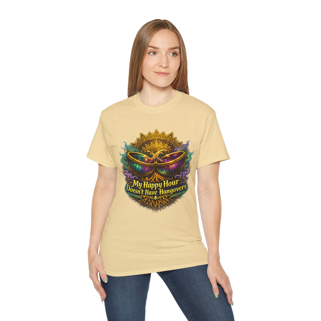 Mardi Gras Mask T-Shirt — “My Happy Hour Doesn’t Have Hangovers” Carnival Tee