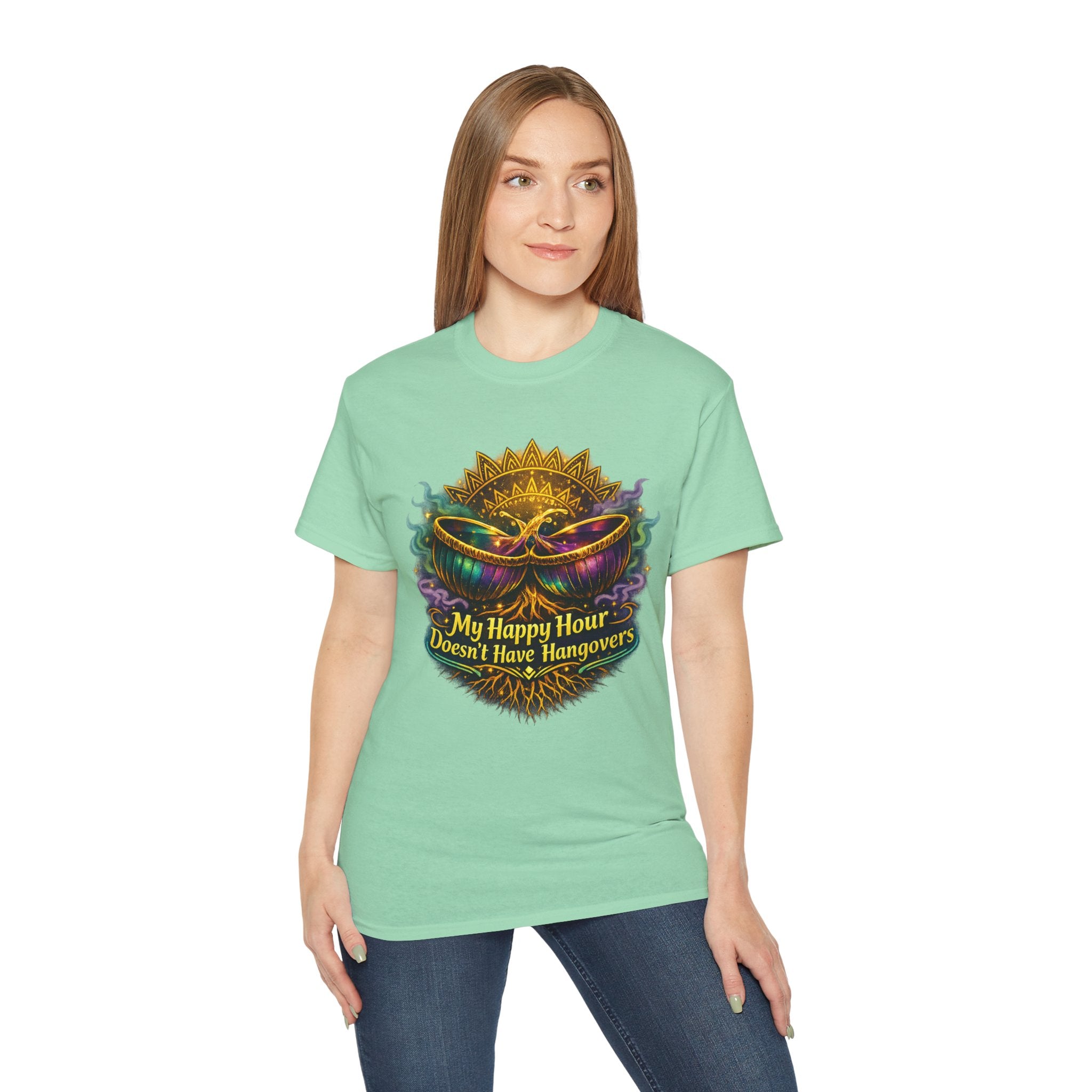 Mardi Gras Mask T-Shirt — “My Happy Hour Doesn’t Have Hangovers” Carnival Tee