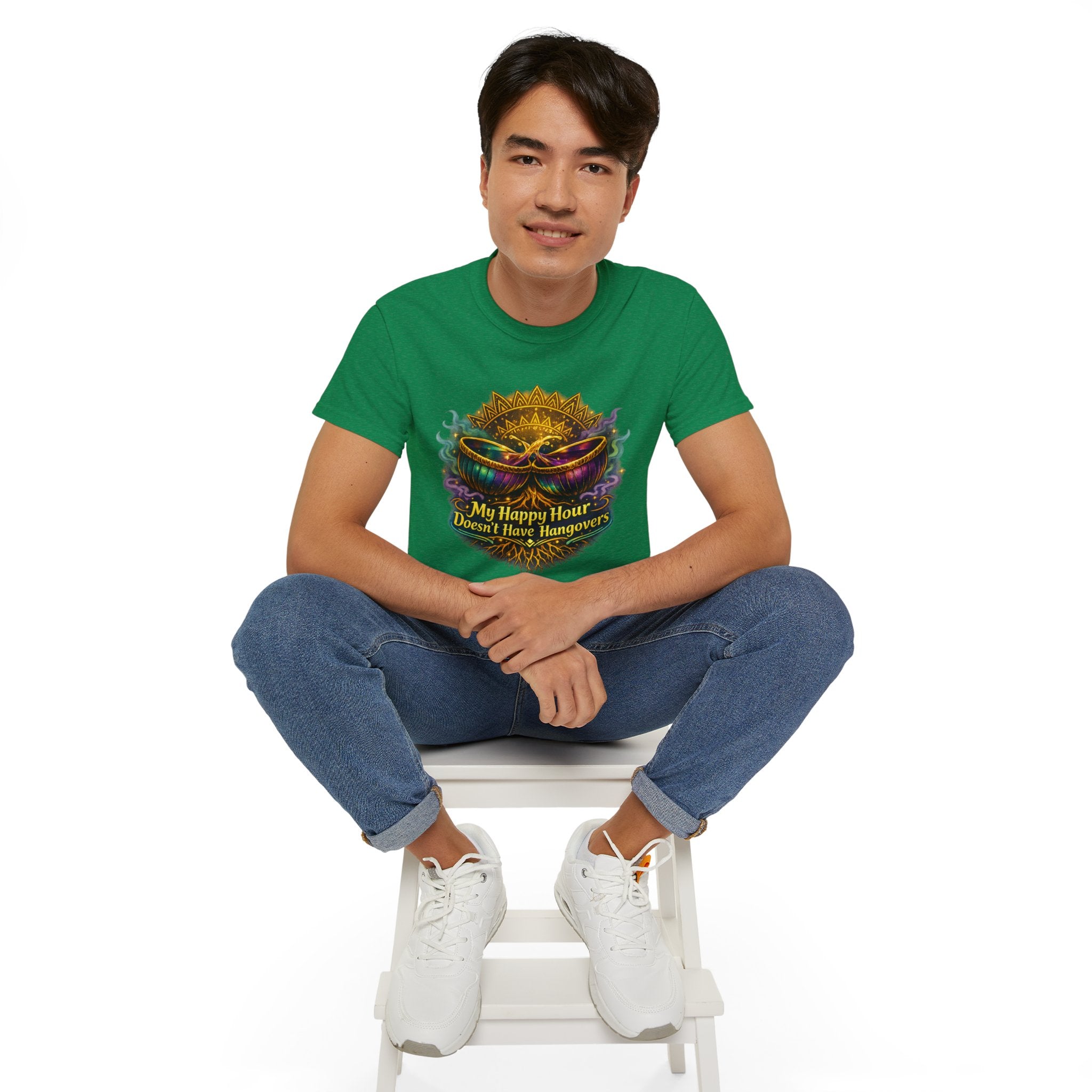 Mardi Gras Mask T-Shirt — “My Happy Hour Doesn’t Have Hangovers” Carnival Tee