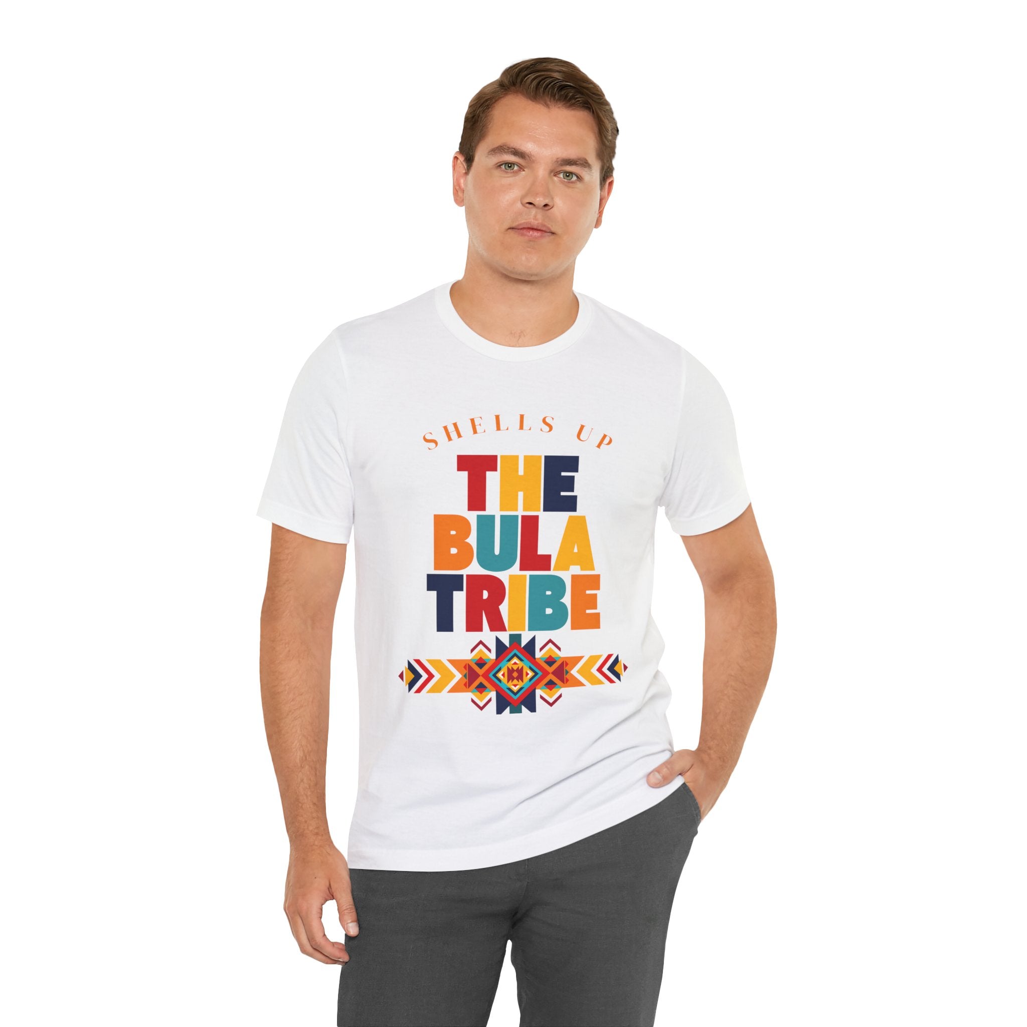 Shells Up The Bula Tribe Tee | Tropical Island Text Graphic